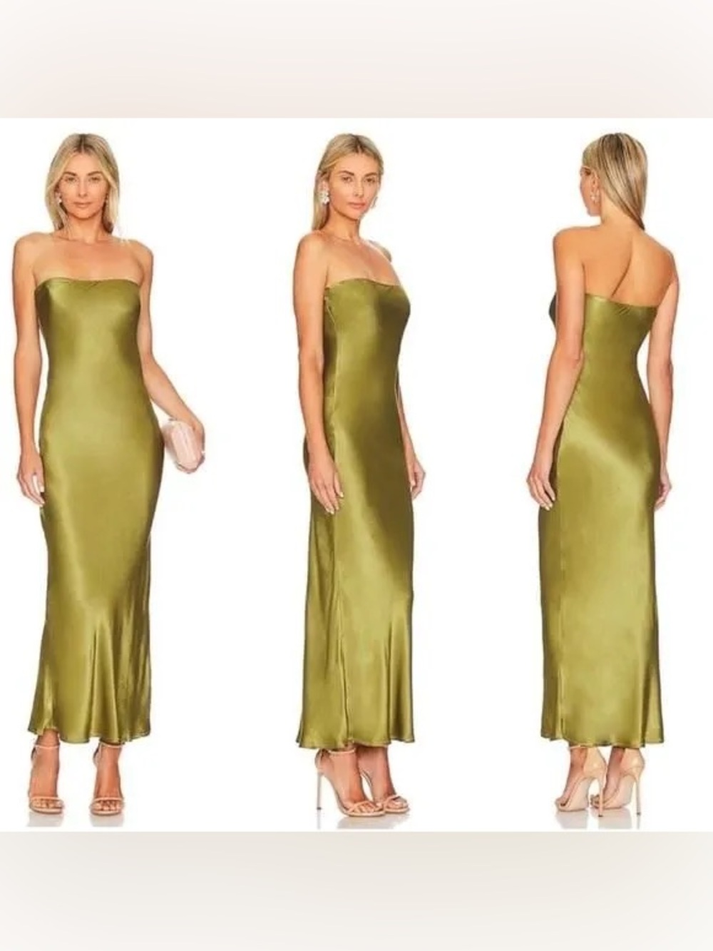 SNDYS x REVOLVE Angel Strapless Midi Slip Dress in Olive Green Medium